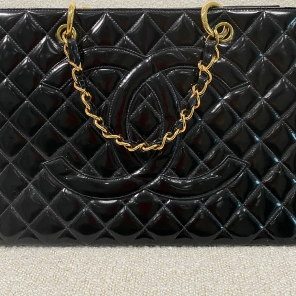Authentic Chanel Patent Grand Shopping Tote GST Black